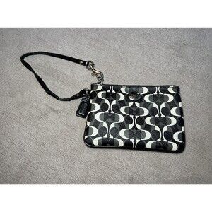 Coach Wristlet Womens Black White Signature C Coated Canvas Patent Strap Bag